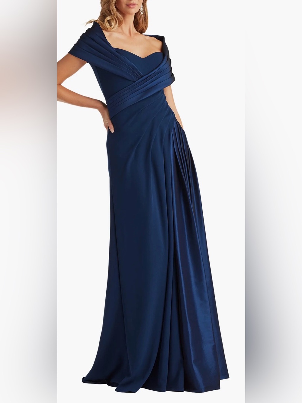 NEW TADASHI SHOJI Milica Draped Portrait Collar Satin & Crepe Navy Gown sz L